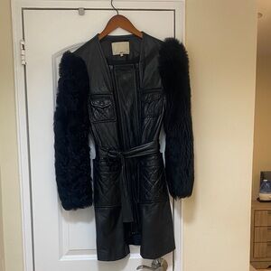 3.1 Phillip Lim Black Leather Coat with Shearling Fur Sleeves